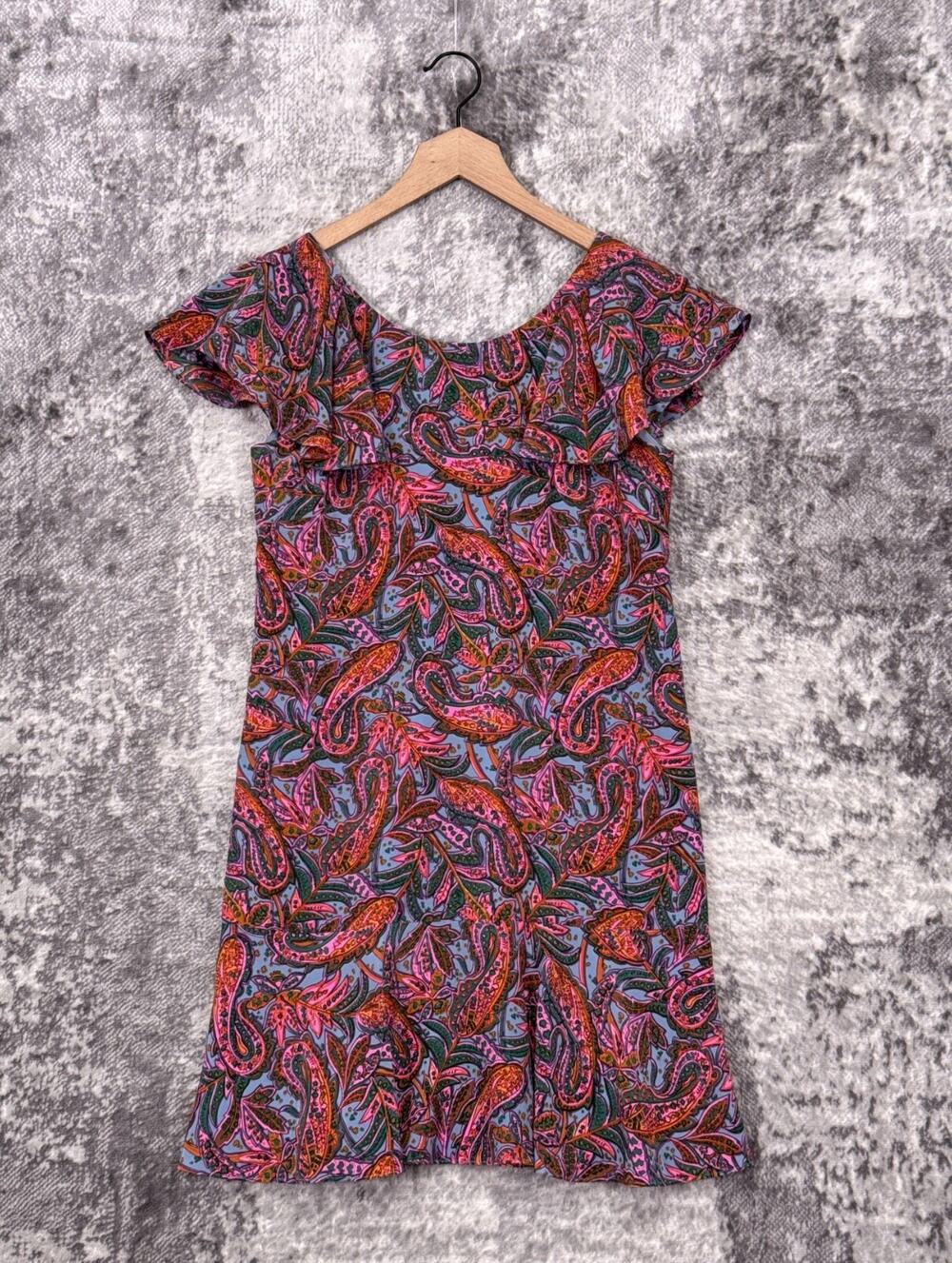 J Crew Dress 2 Womens Pink Silk Paisley Flutter Ruffle Mini